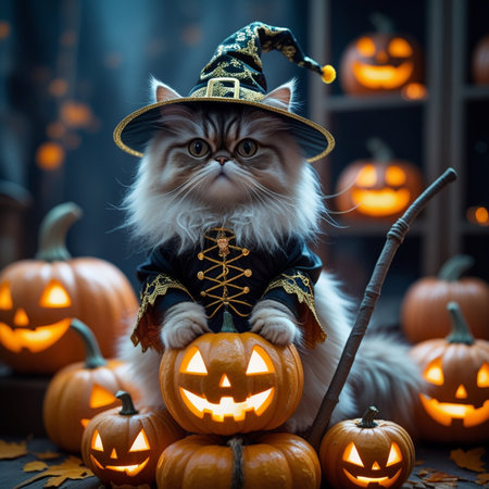 Halloween cat in witch costume and pumpkins on dark background.の素材