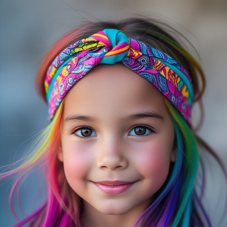 Portrait of a beautiful little girl with colorful hair and headbandの素材