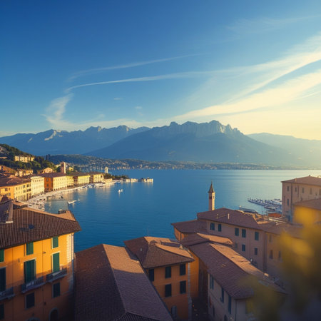 Aerial view of the lake Como in Italy at sunset.の素材