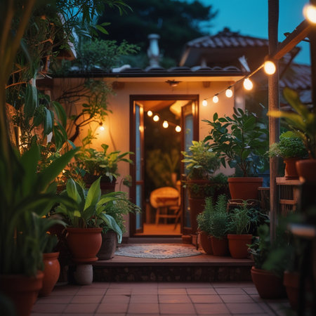 Outdoor patio at night with lanterns, plants and furniture.の素材
