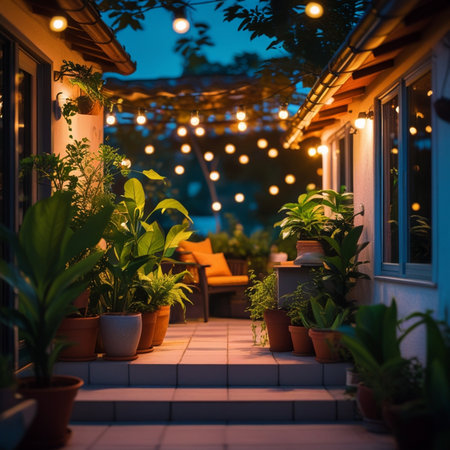 Beautiful view of cozy terrace with green plants at night.の素材