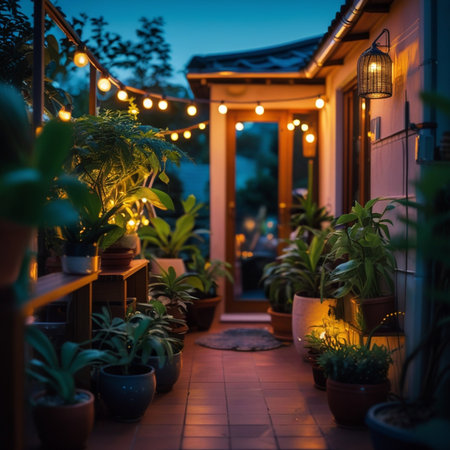 Beautiful cozy terrace with plants in pots at night. Decorations in the garden.の素材