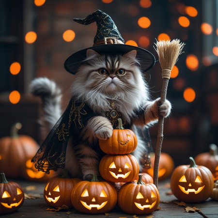 Cute maine coon kitten in witch costume with pumpkins and broom.の素材