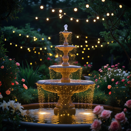 Fountain in the garden with bokeh lights on background.の素材
