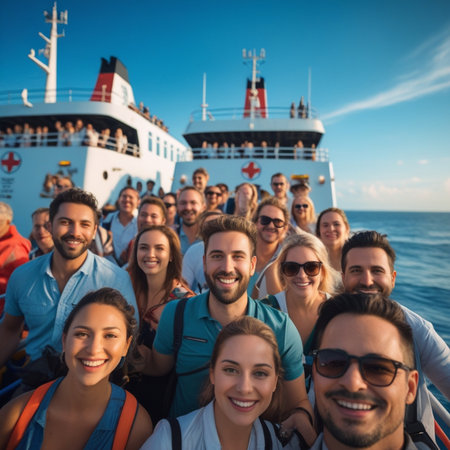 Group of friends traveling together on a cruise ship, smiling and looking at cameraの素材