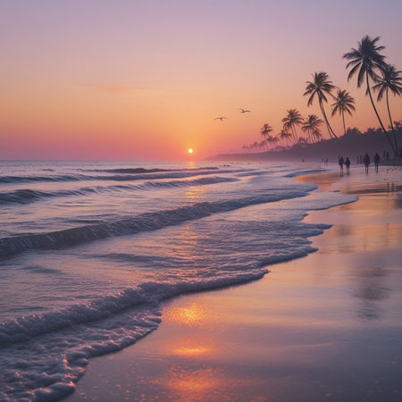 Sunset on the beach with palm trees and sand in the foregroundの素材