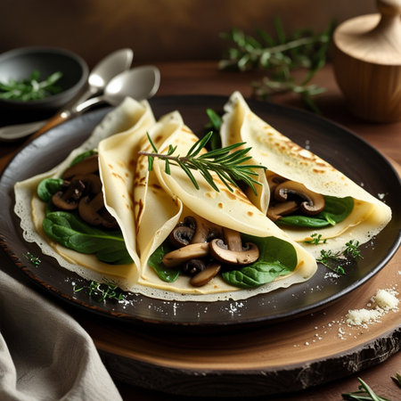 Crepes stuffed with mushrooms, spinach and cheese on wooden backgroundの素材