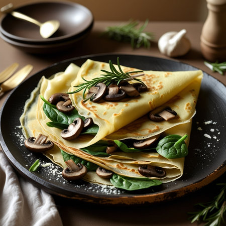 Homemade crepes with mushrooms and spinach on a black plate.の素材