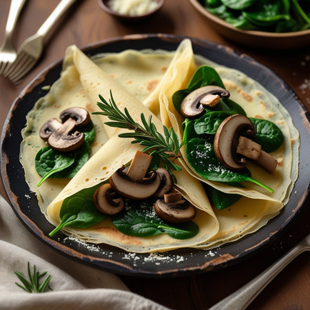 Crepes with spinach, mushrooms and cream cheese. Healthy breakfast.の素材