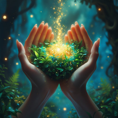 Hands holding a green planet in the magic forest. 3d renderingの素材