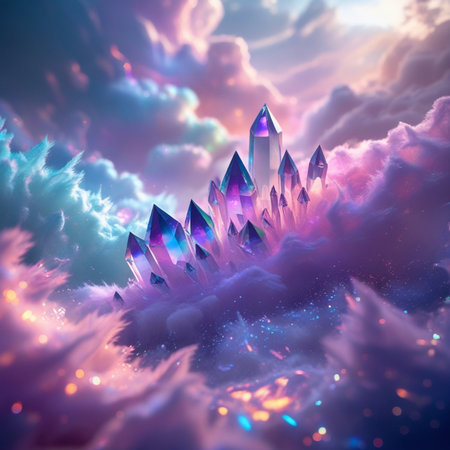 3D illustration of magic crystal in the clouds. Fantasy landscape.の素材