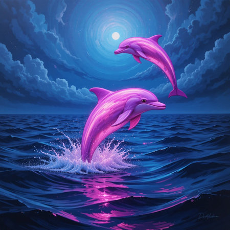 Dolphins jump out of the water in the sea. Vector illustration.の素材