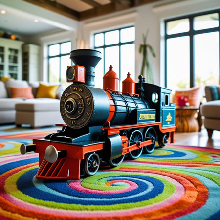 Toy train on colorful carpet in living room. 3d rendering.の素材