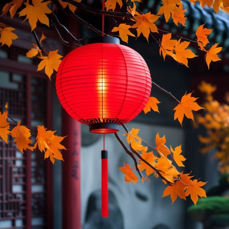 Red lanterns and maple leaves in a Chinese garden in autumn.の素材
