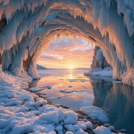 Ice cave on the shore of Lake Baikal at sunset.の素材
