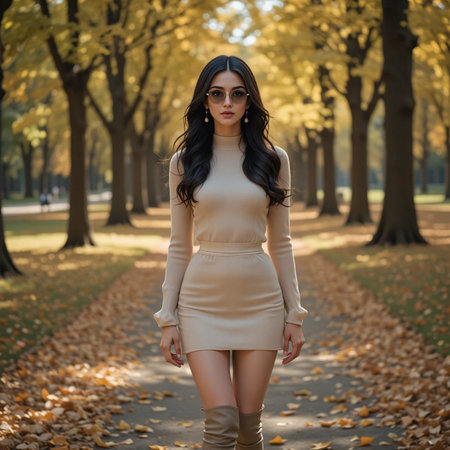 Beautiful young brunette woman in beige dress walking in autumn parkの素材