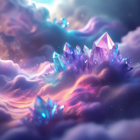 3d illustration of magic crystal in a fantasy space with stars and cloudsの素材