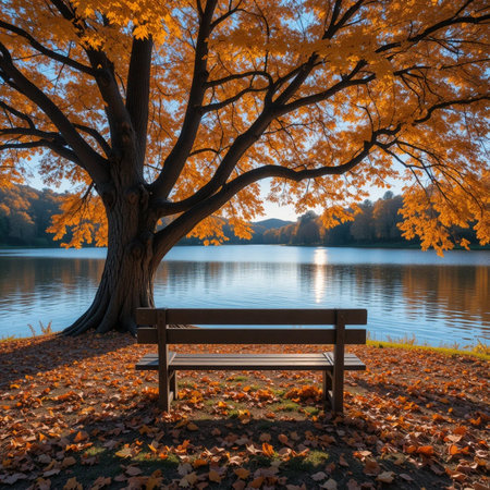 Wooden bench on the shore of a lake in autumn season.の素材