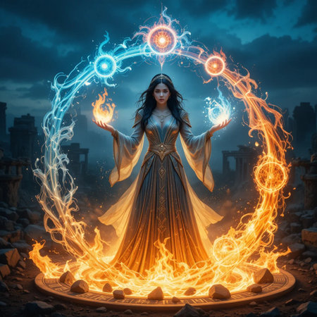 Mystical image of a beautiful woman in a long dress surrounded by glowing fire.の素材