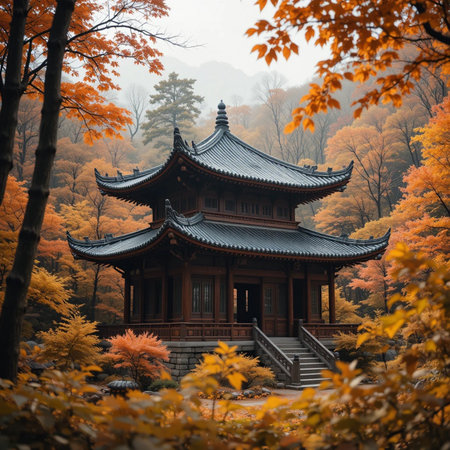 Korean traditional architecture in autumn, Gyeongbokgung Palace, Seoul, South Koreaの素材