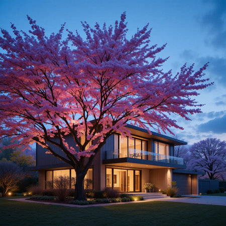3d rendering of modern cozy house with garage and pool for sale or rent. Beautiful pink cherry tree on foreground. Clear sunny spring night with warm light from windows.の素材