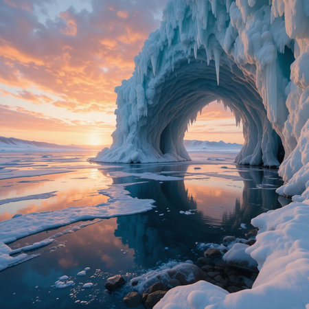 Ice cave at sunset, Baikal lake, Siberia, Russiaの素材