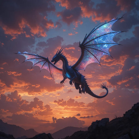 Dragon in the sky. 3D render. Fantasy illustration of dragon.の素材