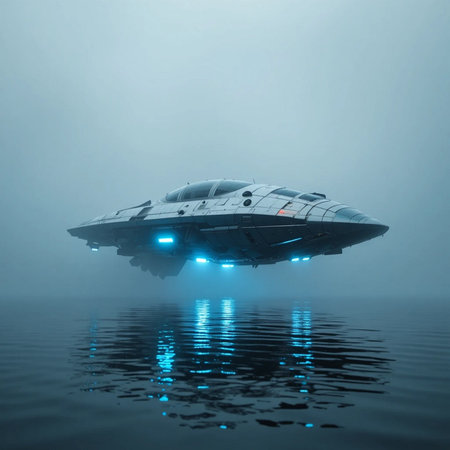 Futuristic spaceship flying over the water. 3D rendering.の素材