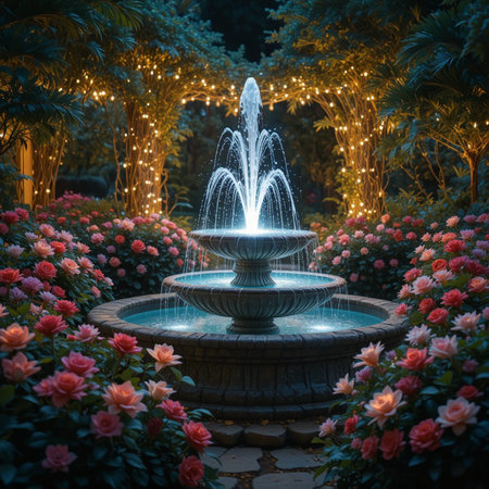 Beautiful fountain in the garden at night time with colorful lights.の素材