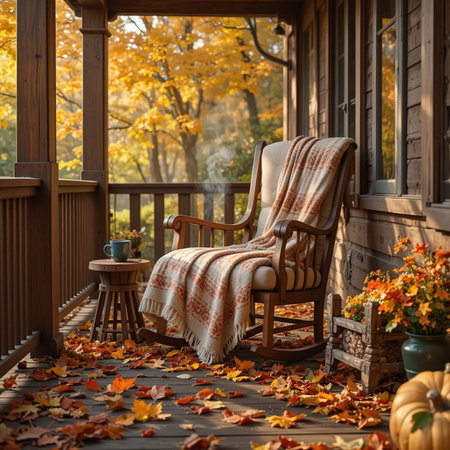 Beautiful autumn landscape with a cozy chair on the porch of the houseの素材
