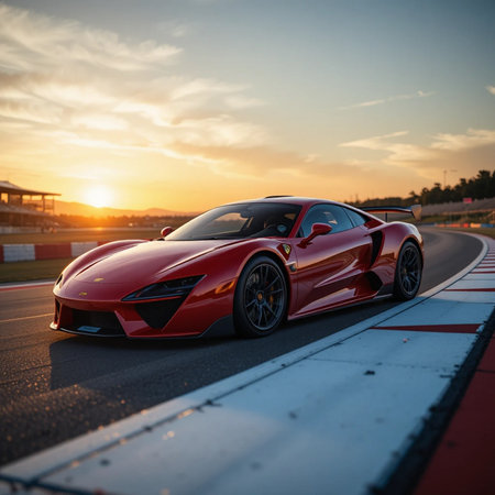 Luxury red sport car on the race track at sunset.の素材