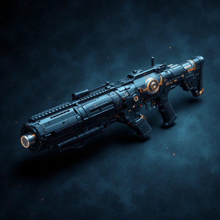 3D rendering of a machine gun on a dark background with smokeの素材