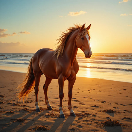 Beautiful bay horse on the beach at sunset time. Nature backgroundの素材