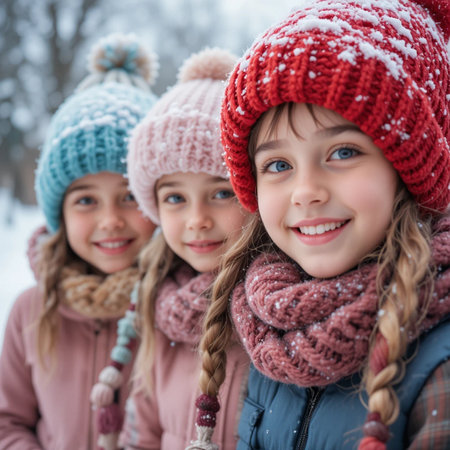 Portrait of three smiling girls in winter clothes in the park.の素材