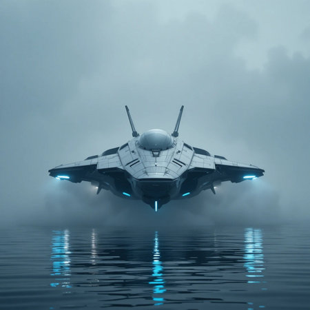 Spaceship in the dark. 3D rendered Illustration.の素材