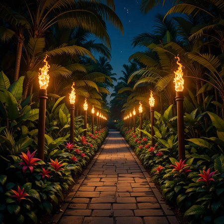 Tropical garden at night with palm trees and lanterns.の素材