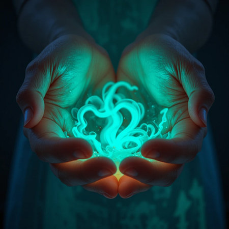 Female hands holding a glowing smoke in the form of a heart.の素材