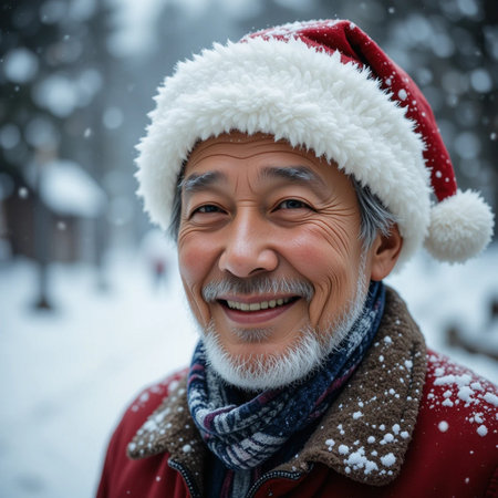 Portrait of senior Asian man in red coat and santa claus hat outdoors in winterの素材