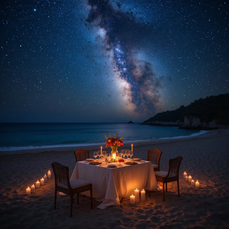 Romantic dinner on the beach at night with starry sky and milky wayの素材
