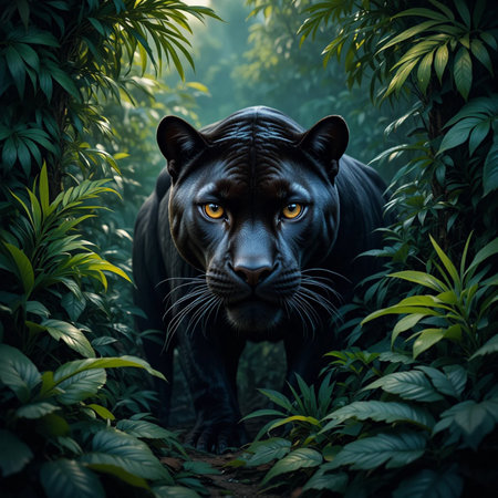 Black panther in the jungle. 3d illustration. Nature scene.の素材