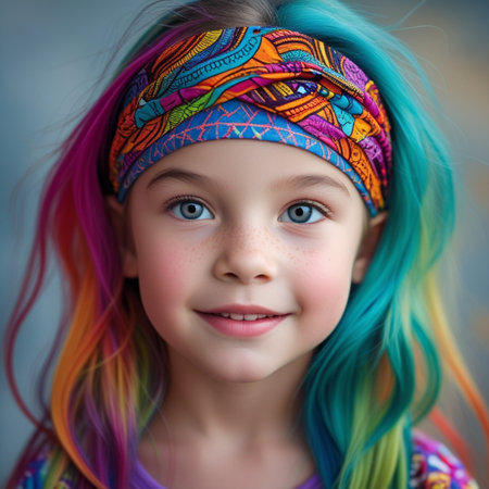 portrait of a beautiful little girl with colorful hair and bandanaの素材