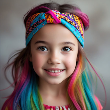 portrait of a cute little girl with bright rainbow hair and headbandの素材