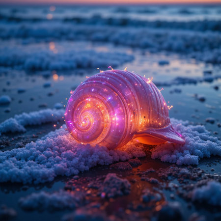 Decorative seashell on wet sand. Selective focus. Holiday concept.の素材