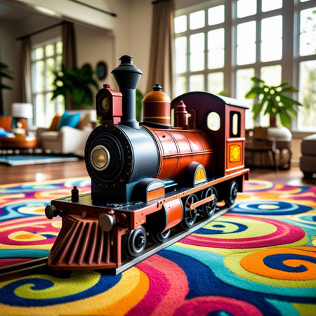 Vintage toy train on a colorful carpet in the living room.の素材
