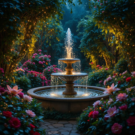 Fountain in the garden at night with beautiful flowers and lights.の素材