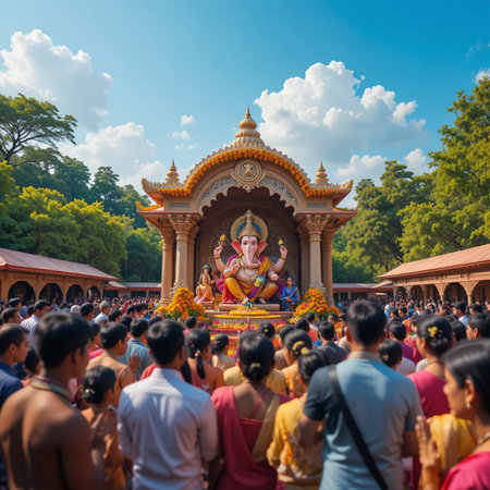 Hindu devotees worshiping Lord Ganesha in Kolkata, West Bengal, Indiaの素材