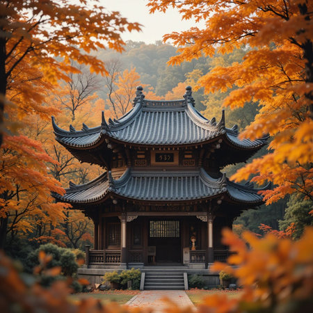 Beautiful Chinese temple in autumn forest with yellow maple leaves.の素材