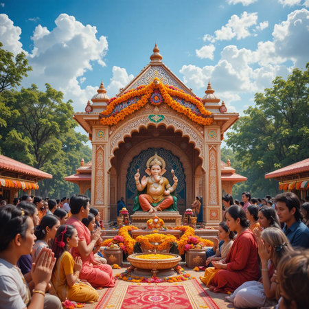 Hindu devotees offering flowers to Lord Ganesha in Kolkata, West Bengal, Indiaの素材