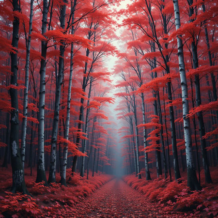 Mysterious autumn forest with red trees and fog. Magical nature.の素材