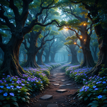 Mysterious forest with blue hydrangea flowers and pathの素材